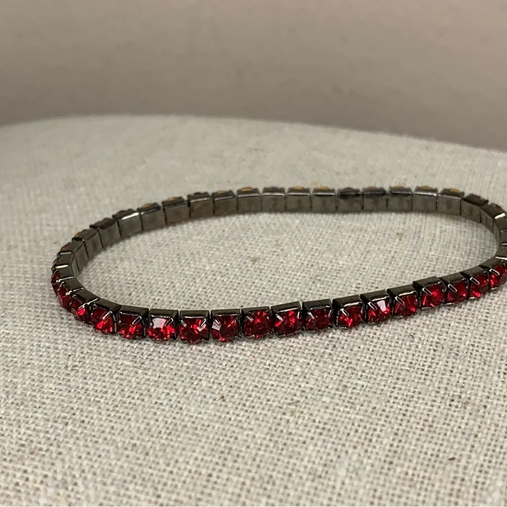 Vintage Silver Red Stretch Tennis Bracelet Formal Glam Goth Ruby Crystal
